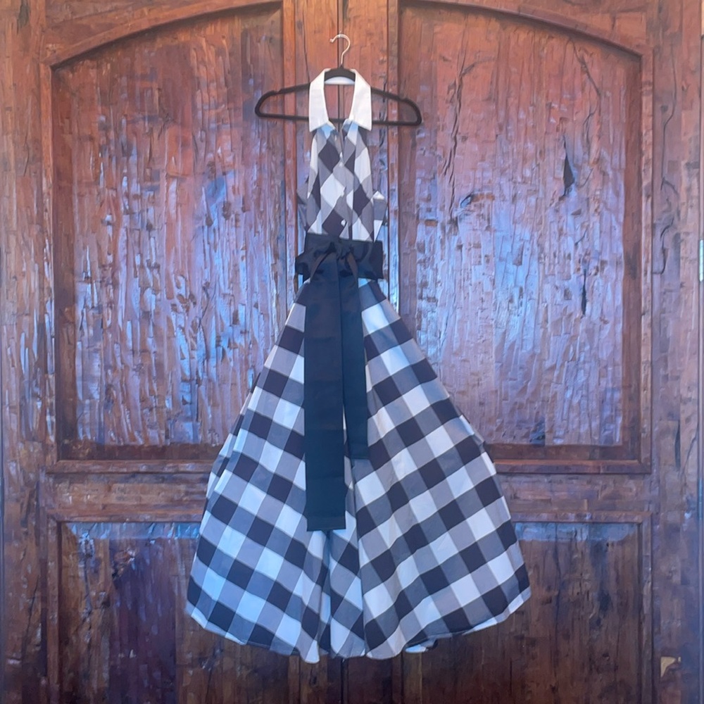 Boston Proper Black and White Gingham Halter Ball Gown
